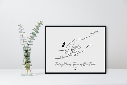 Personalized Mother & Baby Hand Line Art – First My Mummy, Forever My Best Friend – Custom Minimalist Print with Names and Date