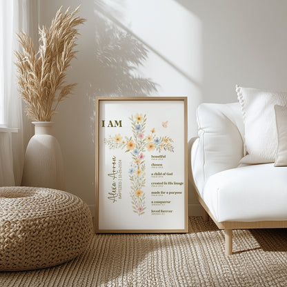 Personalized Floral Baptism Poster – Baby Girl Christian Wall Art with Bible Verses, Nursery Cross Print