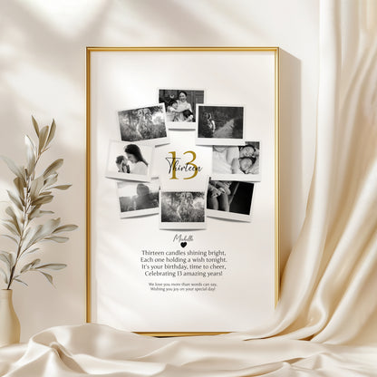 Personalized 13th Birthday Gift - Custom Polaroid Photo Collage, Teen Birthday Wall Art, Unique 13 Years Old Keepsake