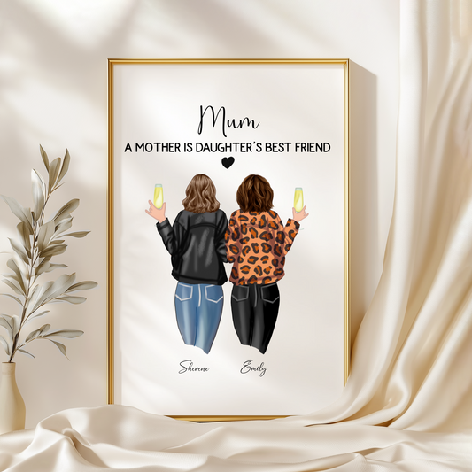 Personalized Mother and Daughter Best Friend Print - Custom Mum and Daughter Portrait, Mother’s Day Gift, Birthday Gift for Mom, Custom Family Art