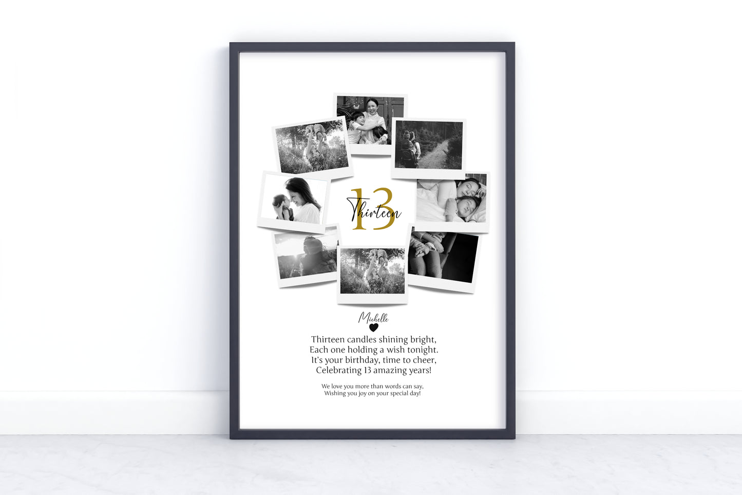 Personalized 13th Birthday Polaroid Photo Collage - Custom Wall Art Gift for 13-Year Celebration with Name and Photos.