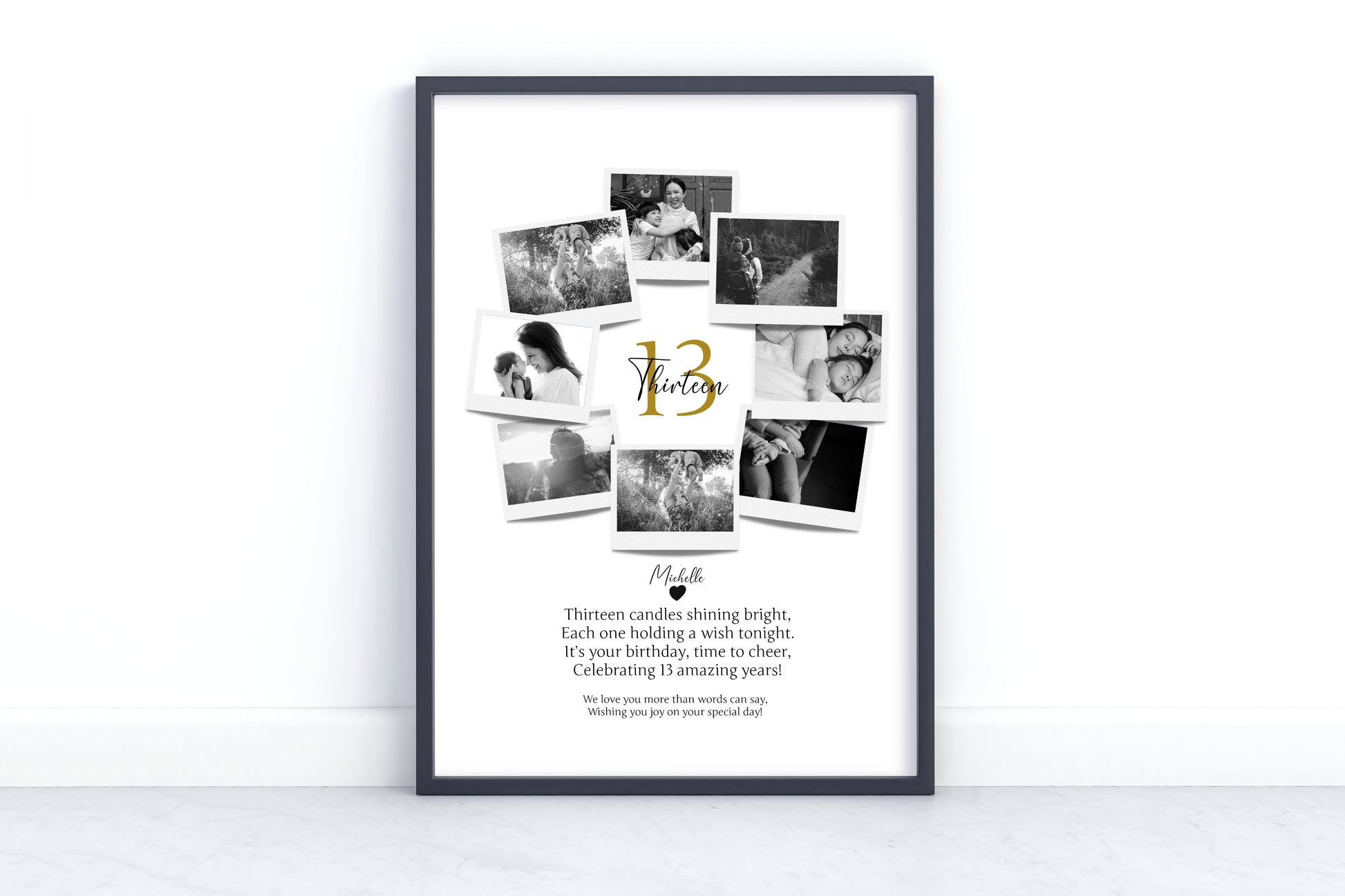 Personalized 13th Birthday Polaroid Photo Collage - Custom Wall Art Gift for 13-Year Celebration with Name and Photos.