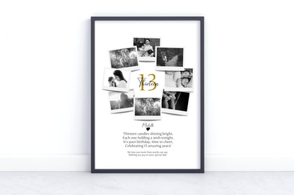 Personalized 13th Birthday Polaroid Photo Collage - Custom Wall Art Gift for 13-Year Celebration with Name and Photos.