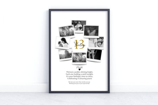 Personalized 13th Birthday Polaroid Photo Collage - Custom Wall Art Gift for 13-Year Celebration with Name and Photos.