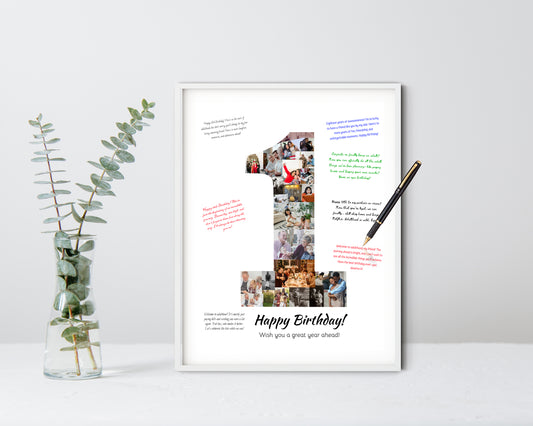 Personalized 1st Birthday Photo Collage with Guestbook Messages - Custom Keepsake Featuring Photos and Space for Notes