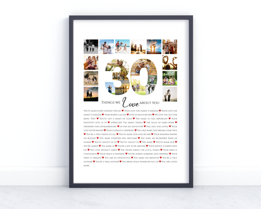 Personalized 30 Reasons We Love You Photo Collage Gift - Custom Keepsake with Photos and Messages on Canvas or Poster