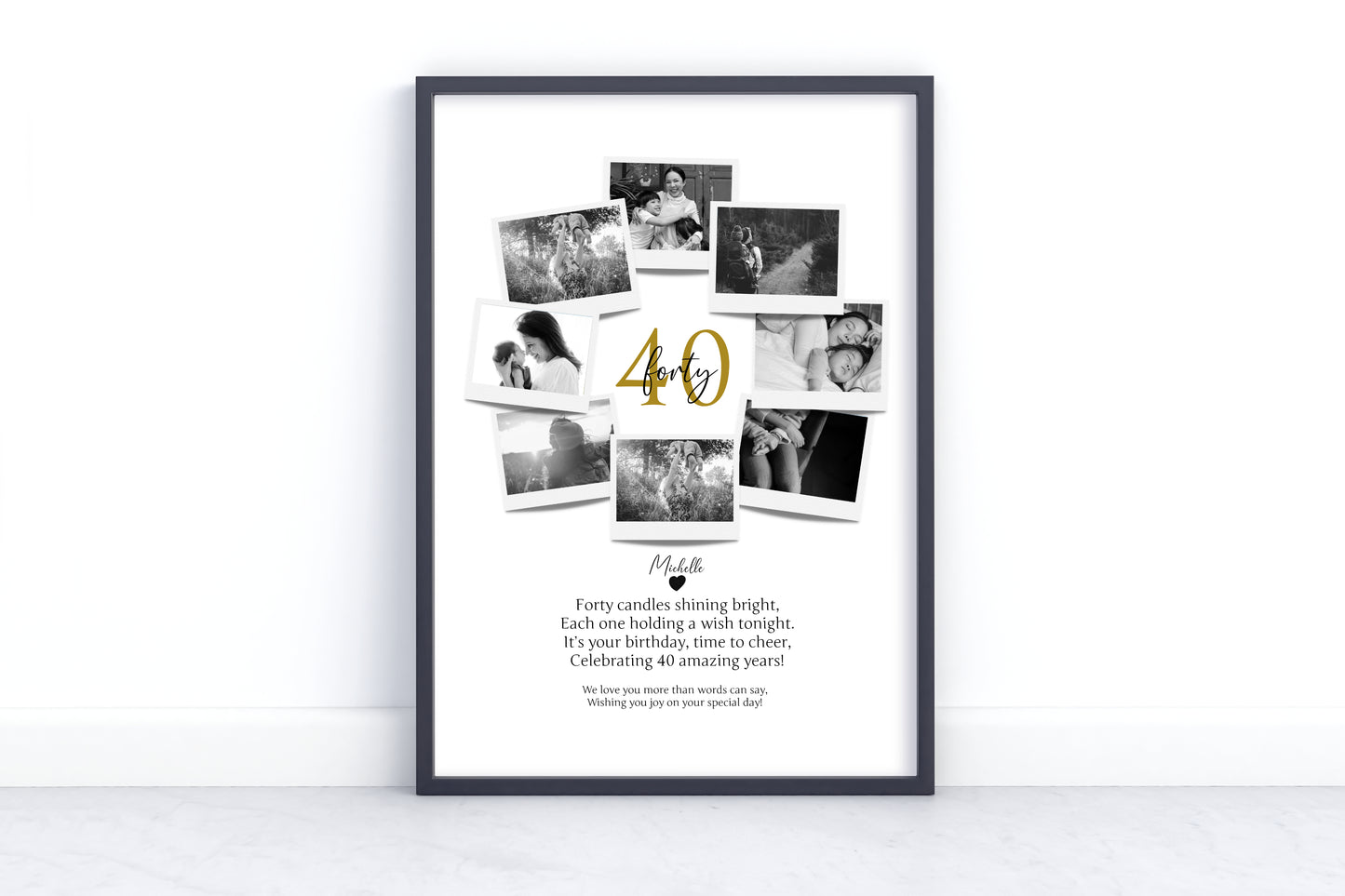 Personalized 40th Birthday Polaroid Photo Collage - Custom Wall Art Gift for 40-Year Celebration with Name and Photos.