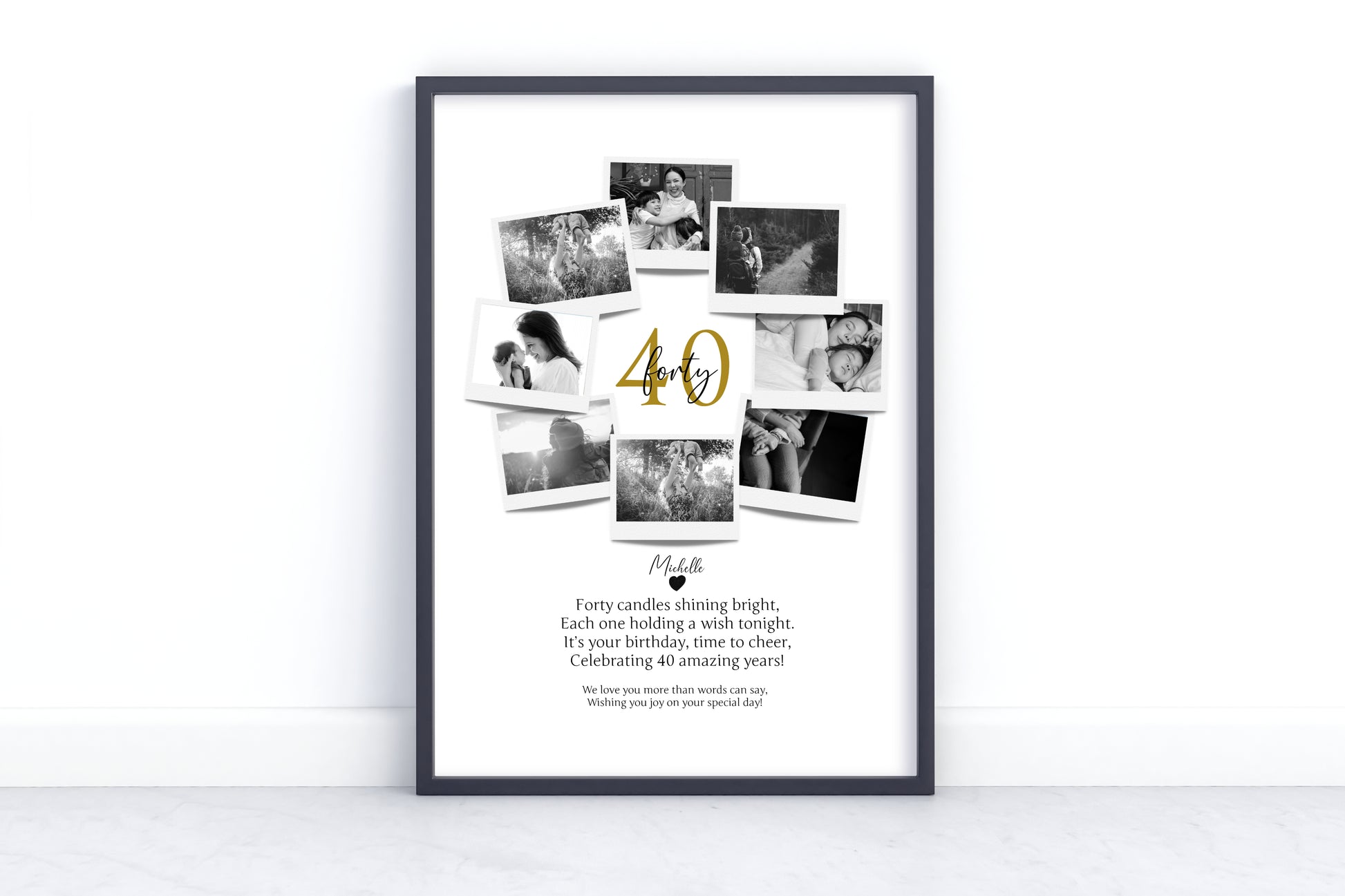 Personalized 40th Birthday Polaroid Photo Collage - Custom Wall Art Gift for 40-Year Celebration with Name and Photos.