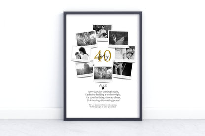 Personalized 40th Birthday Polaroid Photo Collage - Custom Wall Art Gift for 40-Year Celebration with Name and Photos.