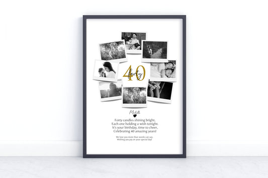 Personalized 40th Birthday Polaroid Photo Collage - Custom Wall Art Gift for 40-Year Celebration with Name and Photos.