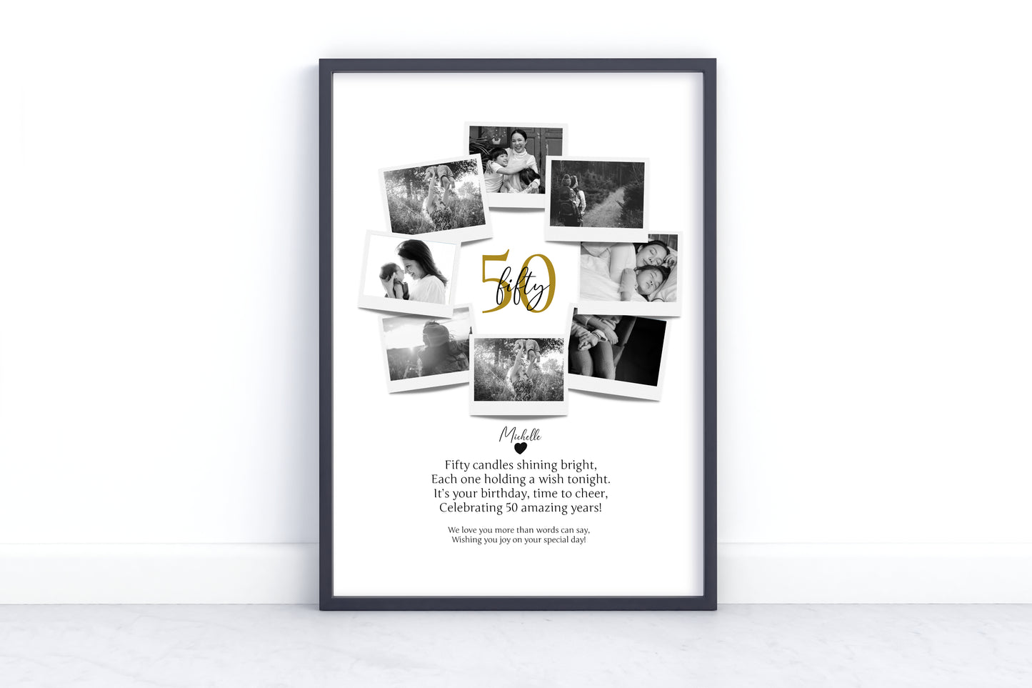 Personalized 50th Birthday Polaroid Photo Collage - Custom Wall Art Gift for 50-Year Celebration with Name and Photos.