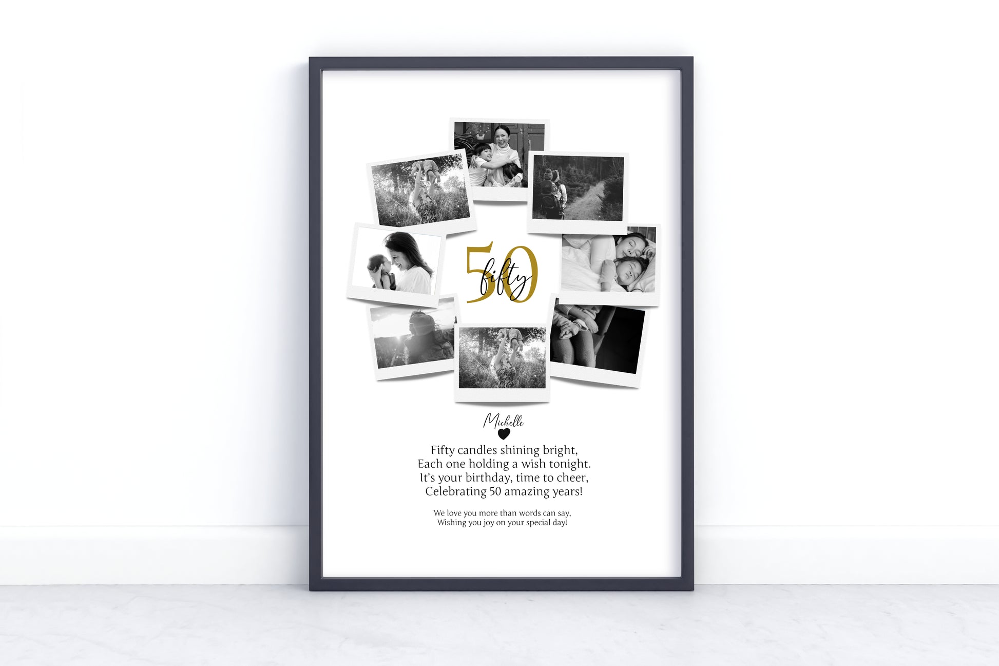 Personalized 50th Birthday Polaroid Photo Collage - Custom Wall Art Gift for 50-Year Celebration with Name and Photos.