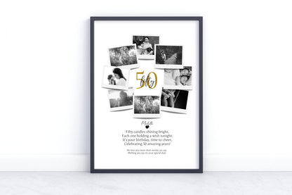Personalized 50th Birthday Polaroid Photo Collage - Custom Wall Art Gift for 50-Year Celebration with Name and Photos.