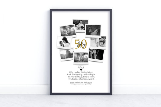Personalized 50th Birthday Polaroid Photo Collage - Custom Wall Art Gift for 50-Year Celebration with Name and Photos.