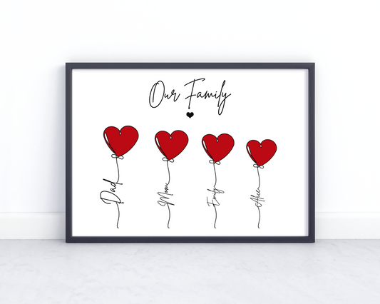 Personalized Heart Family Print - Custom Wall Art Featuring Family Names and Quotes on Canvas or Poster.