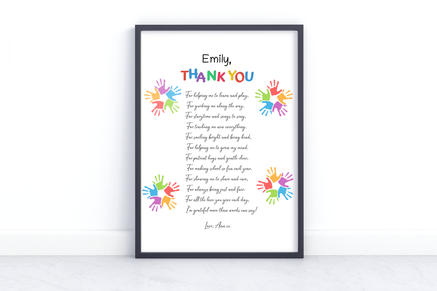 Personalized rainbow teacher thank you print with handprint graphics and a sweet poem, custom teacher name and student signature.