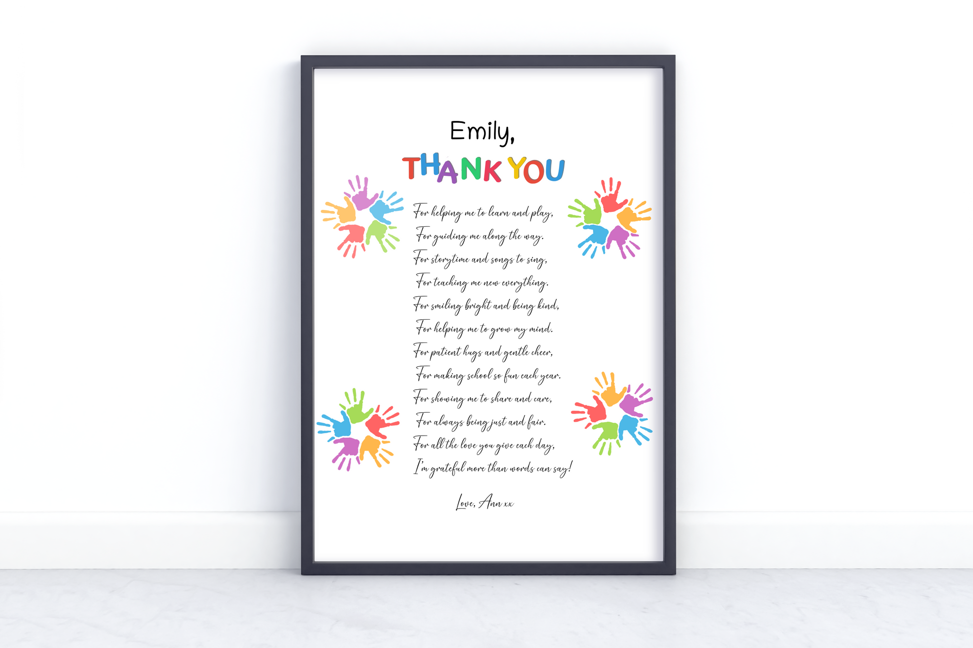 Personalized rainbow teacher thank you print with handprint graphics and a sweet poem, custom teacher name and student signature.