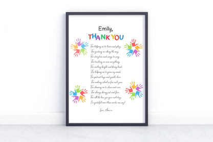 Personalized rainbow teacher thank you print with handprint graphics and a sweet poem, custom teacher name and student signature.