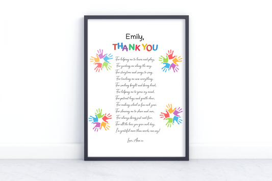 Personalized rainbow teacher thank you print with handprint graphics and a sweet poem, custom teacher name and student signature.