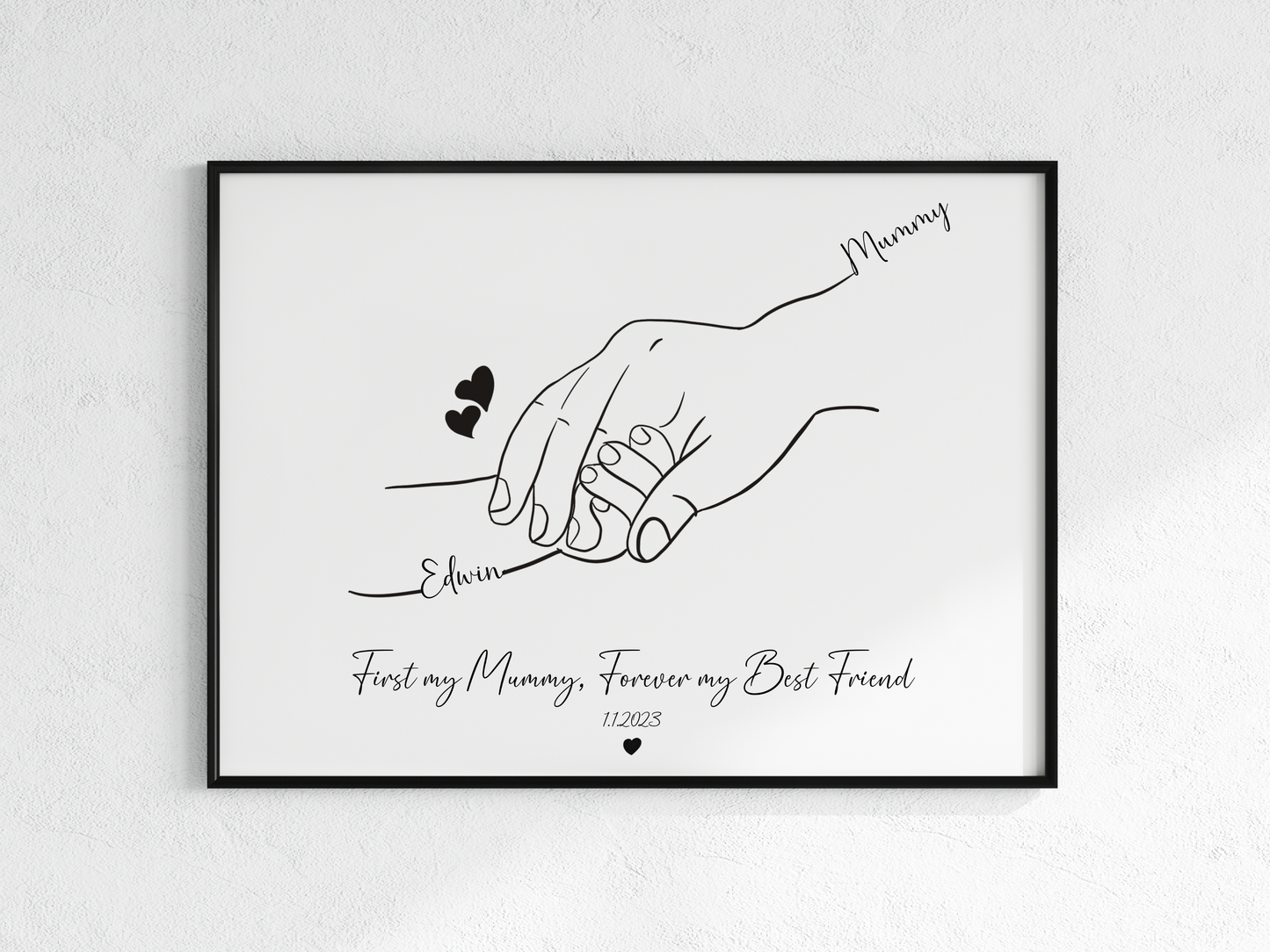 Personalized Mother & Baby Hand Line Art – First My Mummy, Forever My Best Friend – Custom Minimalist Print with Names and Date