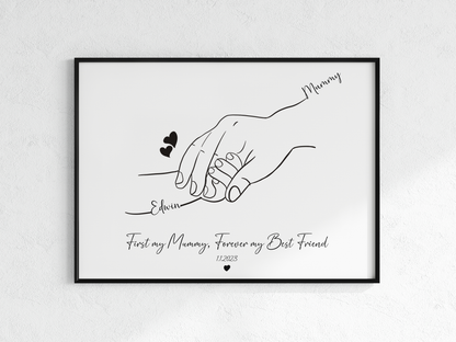 Personalized Mother & Baby Hand Line Art – First My Mummy, Forever My Best Friend – Custom Minimalist Print with Names and Date