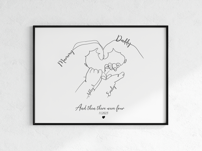 Personalized Family Hands Line Art Print – “And Then There Were Four” – Custom Minimalist Drawing with Names & Date