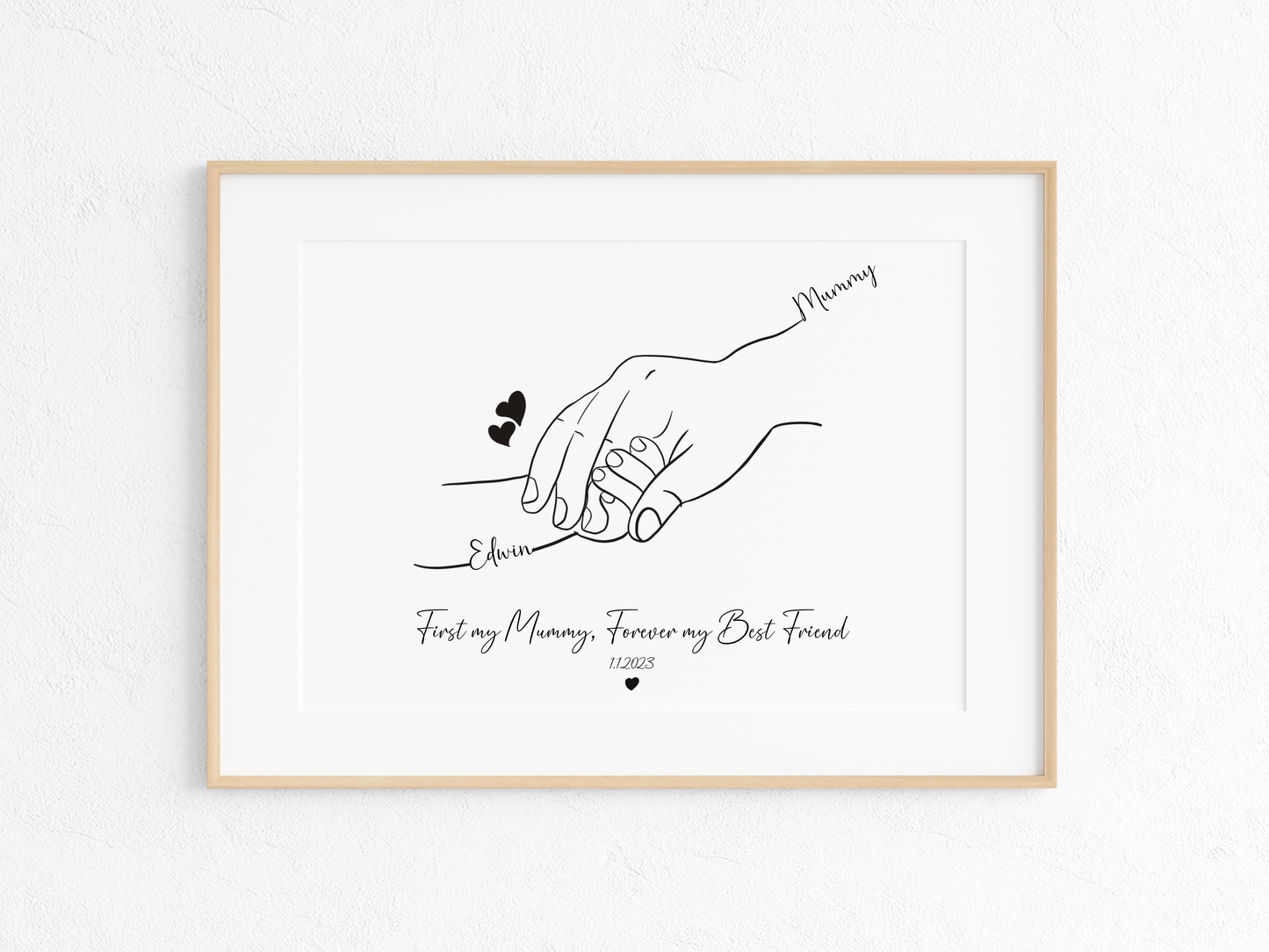 Personalized Mother & Baby Hand Line Art – First My Mummy, Forever My Best Friend – Custom Minimalist Print with Names and Date