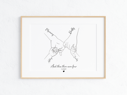 Custom Family Hand Line Drawing – “And Then There Were Four” – Personalized Minimalist Family Portrait Art