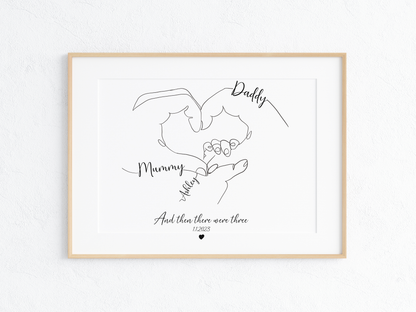 Custom Family Line Art – “And Then There Were Three” – Personalized Hand in Heart Print