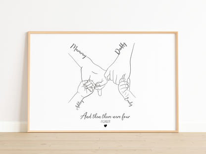 Custom Family Hand Line Drawing – “And Then There Were Four” – Personalized Minimalist Family Portrait Art