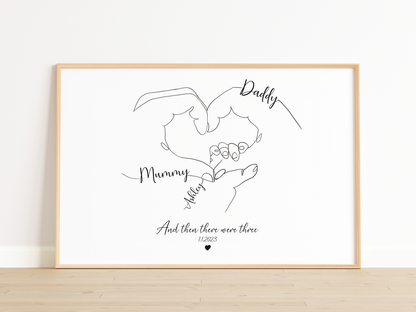 Custom Family Line Art – “And Then There Were Three” – Personalized Hand in Heart Print