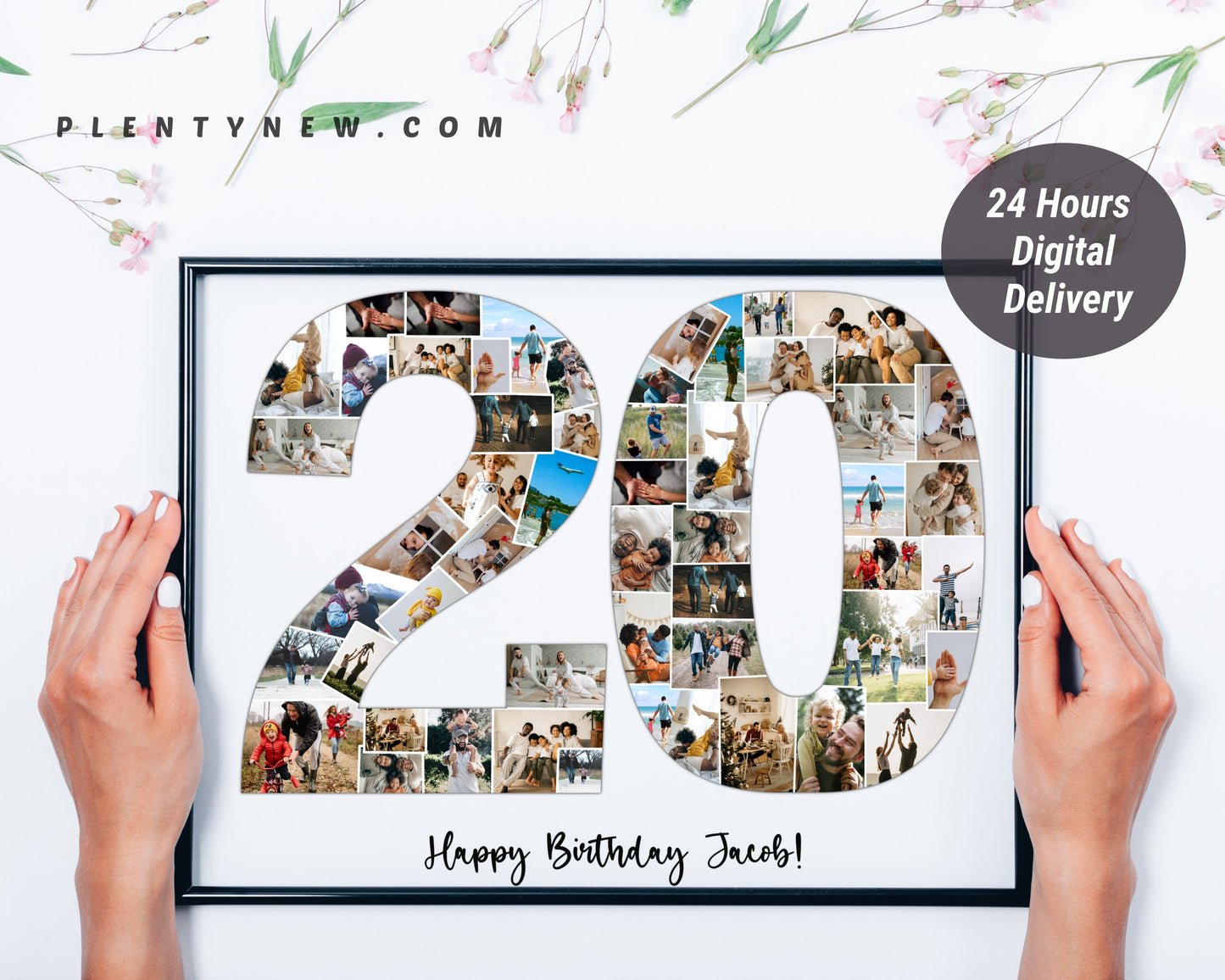 Personalized 20th Birthday Photo Collage Gift - Custom Keepsake with Photos and Name on Canvas or Poster.