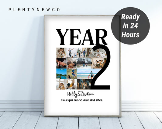 Personalized 2nd Anniversary Photo Collage Gift - Custom Cotton or Paper Keepsake with Photos and Dates."