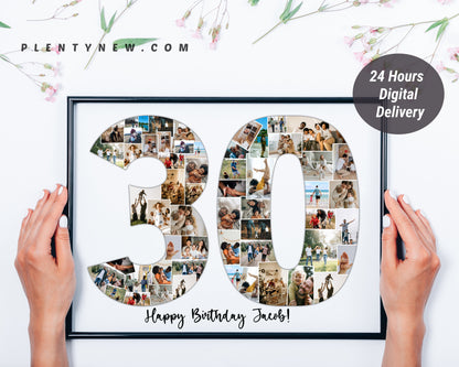 Personalized 30th Birthday Photo Collage Gift - Custom Keepsake with Photos and Names on Canvas or Poster.