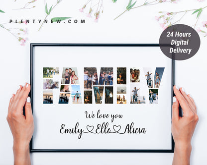 Personalized FAMILY Word Photo Collage Gift - Custom Keepsake with Family Photos on Canvas or Poster.