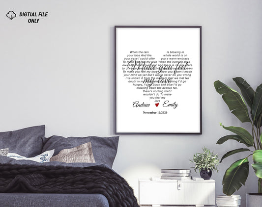 "Personalized Heart-Shaped Song Lyrics Gift - Custom Keepsake with Names, Dates, and Song on Canvas or Poster."