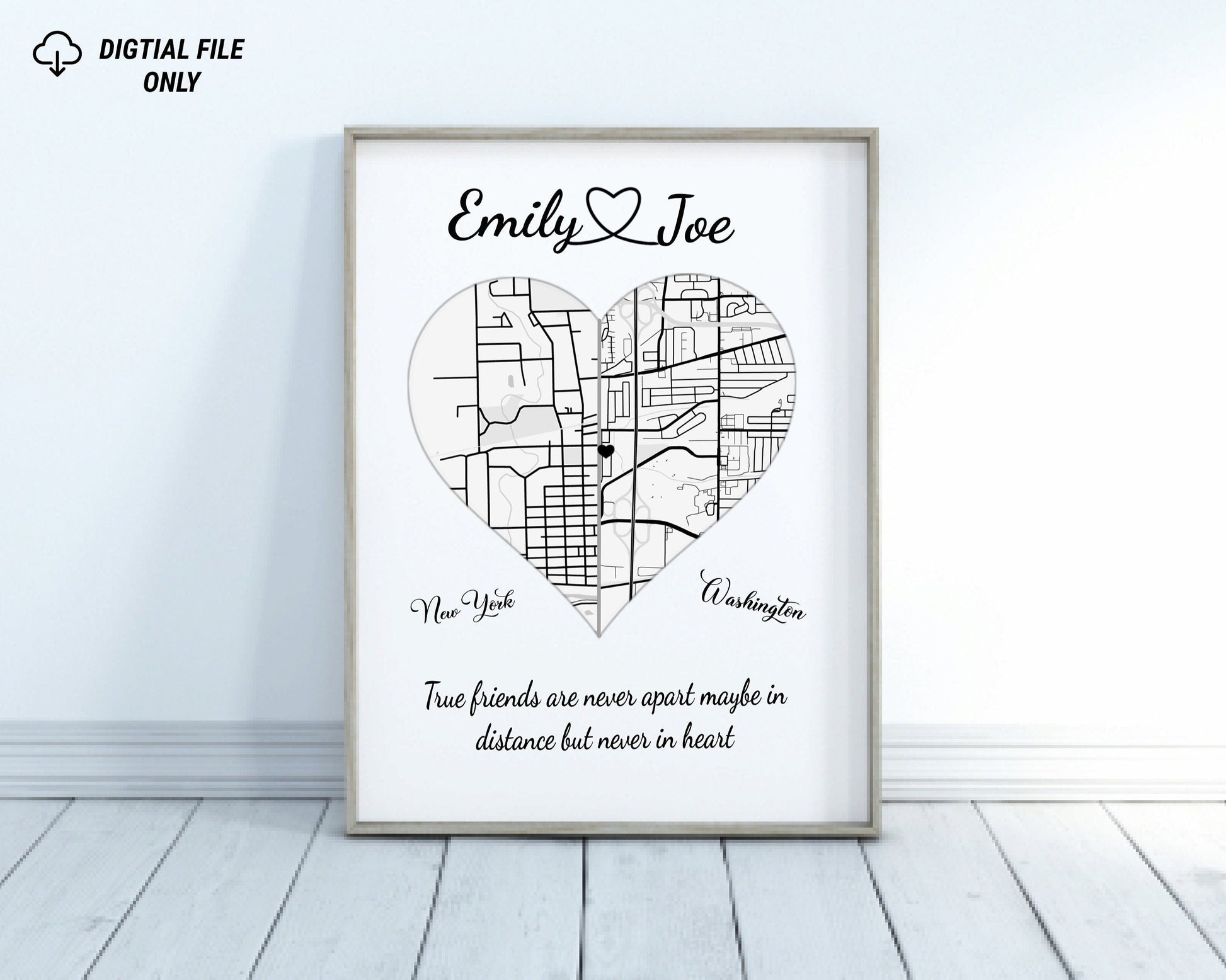 Personalized Map Best Friends Quote Gift - Custom Keepsake for Long-Distance Friendship.
