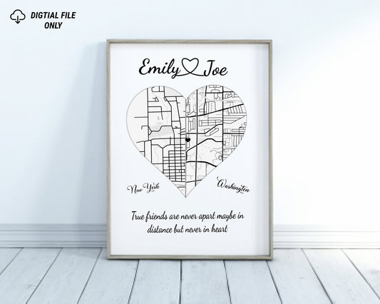 Personalized Map Best Friends Quote Gift - Custom Keepsake for Long-Distance Friendship.