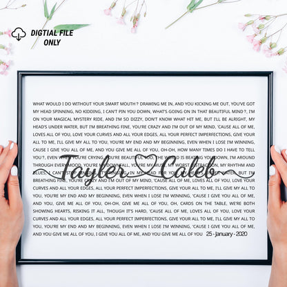 Personalized Song Lyrics Print - Custom Keepsake Gift with Names, Dates, and Lyrics on Canvas or Poster.