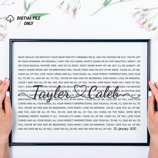 Personalized Song Lyrics Print - Custom Keepsake Gift with Names, Dates, and Lyrics on Canvas or Poster.