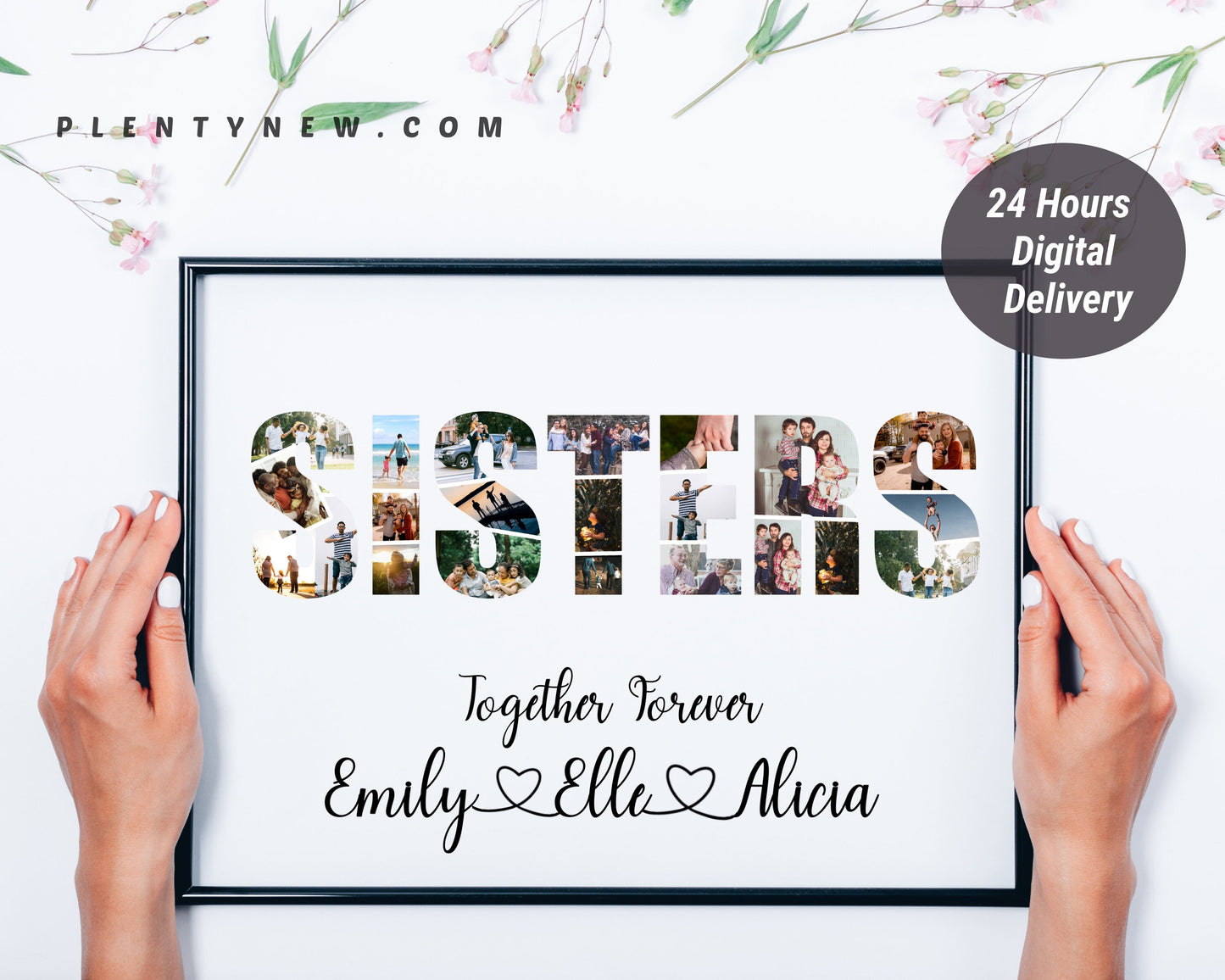 Personalized SISTERS Word Photo Collage Gift - Custom Keepsake with Shared Photos on Canvas or Poster.
