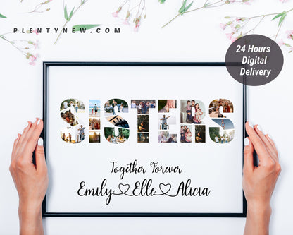 Personalized SISTERS Word Photo Collage Gift - Custom Keepsake with Shared Photos on Canvas or Poster.