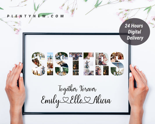 Personalized SISTERS Word Photo Collage Gift - Custom Keepsake with Shared Photos on Canvas or Poster.