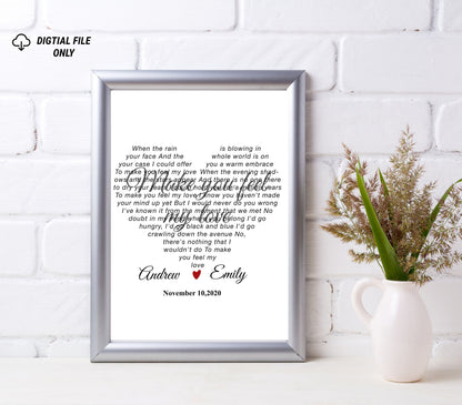 Personalized Heart-Shaped Song Lyrics Print - Custom Gift for Anniversaries or Birthdays