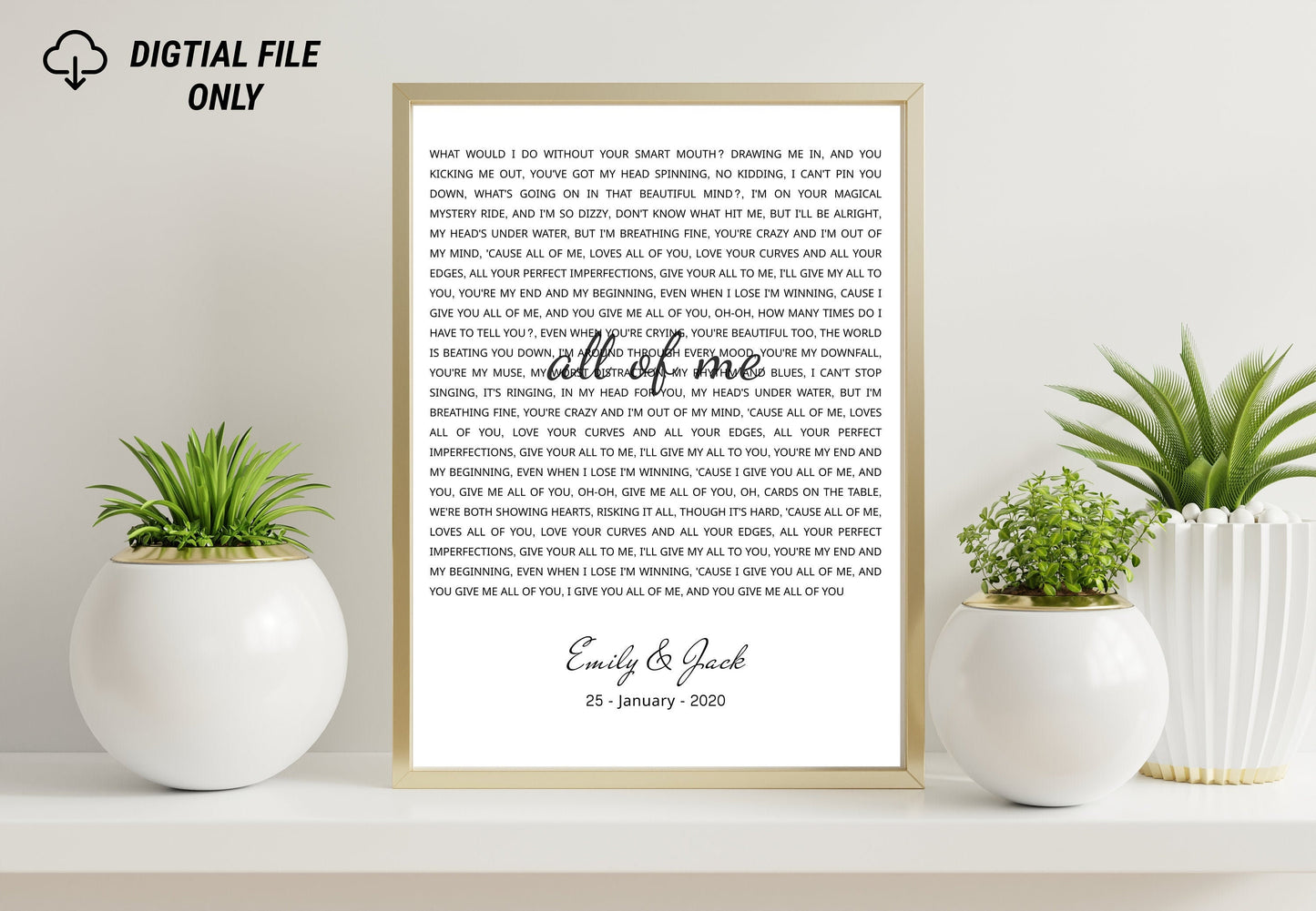 Personalized Song Lyrics Print - Custom Wall Art Frame- Wedding, Anniversary Gifts - For Her, Him, Couples - First Dance - Our Song- digital