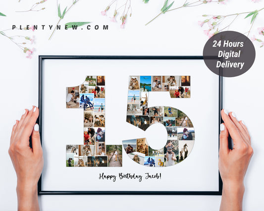 Custom 15th birthday photo collage gift featuring a vibrant collection of personal and memorable moments, perfect for teens.