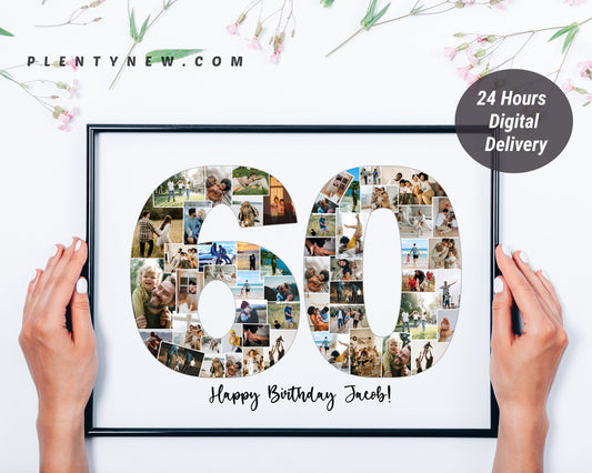Custom 60th birthday photo collage gift, artfully showcasing six decades of cherished memories, perfect for celebrating a special milestone.